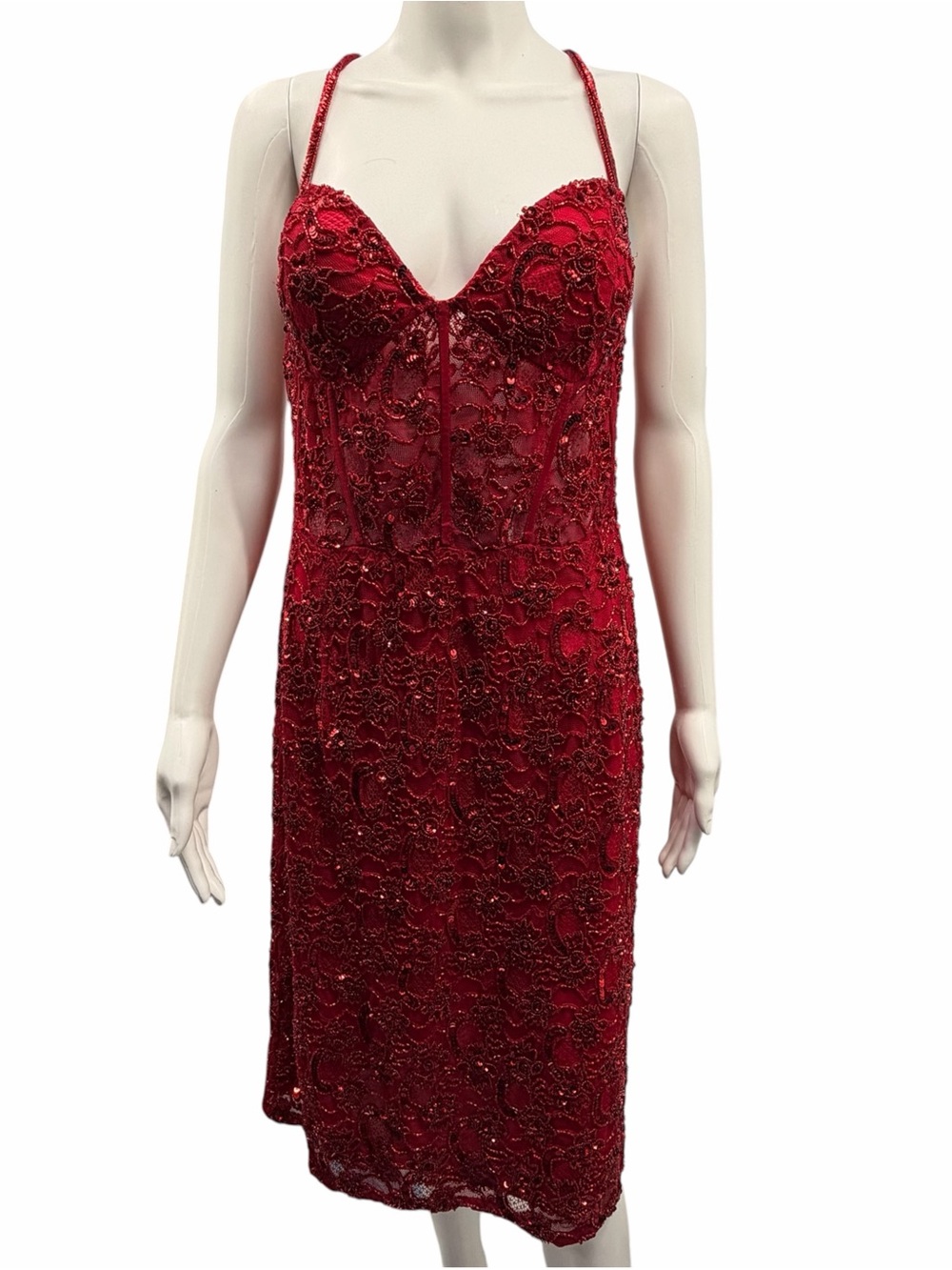NWT Scala 60232 Red Beaded Sequin Lace Corset Dress Size 18
